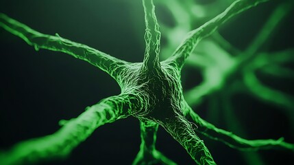 Obraz premium Close-up view of green neurons showcasing intricate connections in a dark background, ideal for science