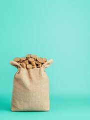 A burlap sack overflowing with gold coins against a vibrant teal background, symbolizing wealth, prosperity, and financial success with a minimalist style