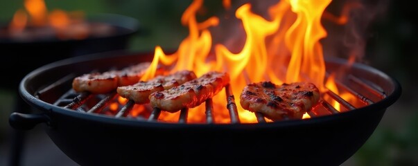 Black grill, vibrant flames, ready for grilling, black, rustic, glow