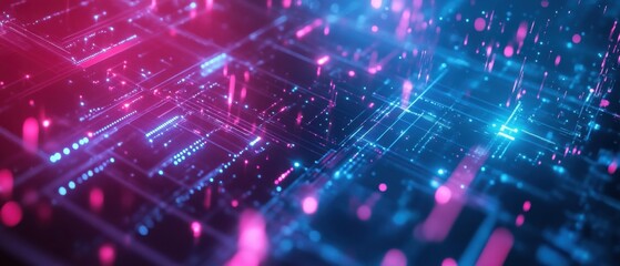 Obraz premium Futuristic Circuit Board with Pink and Blue Lights: Abstract Technology Background Representing Data Flow, Digital Network, or Cybersecurity