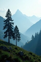Black silhouette of a group of trees and grass in a misty mountain landscape, mountain, tree, black silhouette