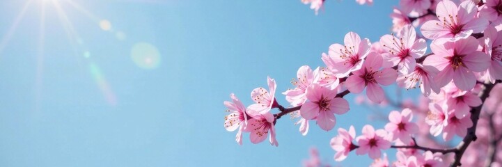 Fototapeta premium Blooming cherry blossoms in full color against a blue sky, branch, illustration, color changing