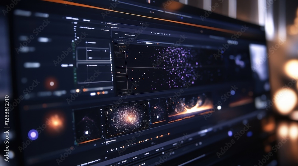 Poster modern computer screen showing professional video editing software displaying complex particle effec