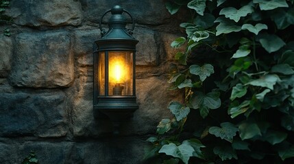 Illuminated wall lantern, stone, ivy, night, ambiance, garden, exterior, lighting, home decor