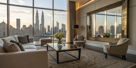 Fototapeta premium Modern Sitting Area with City View Reflected in Mirror - Cozy Interior Design, Urban Landscape, Minimalist Decor, Natural Light, Contemporary Furniture, Home Aesthetics, Relaxation Space