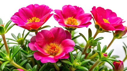 Fototapeta premium Moss Rose Purslane Flowers, Isolated White Background, Portulaca Grandiflora, Vibrant Blooms, Closeup Photography