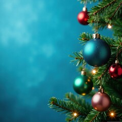 Blue background with Christmas tree and ornament elements hanging in air , festive, ornament, christmas scene