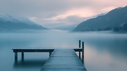 Obraz premium A peaceful lakeside during dawn, with light fog rising from the calm water