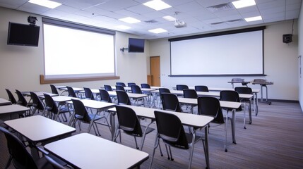 Clean classroom with empty student desks and chairs, a softly blurred smartboard and projector screen in the background