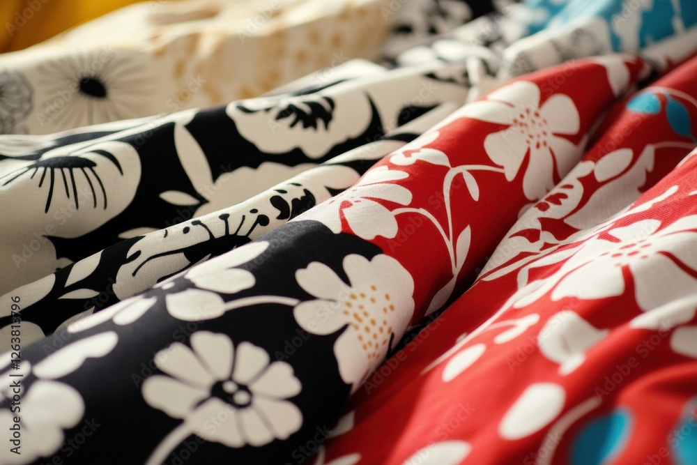 Leinwandbilder close up view of vibrant patterned fabrics featuring floral and geometric designs with space for cus