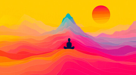 Abstract Illustration: Meditating Figure in a Colorful Landscape