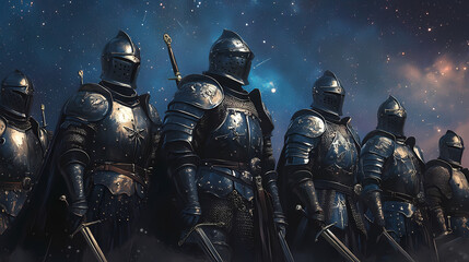 Fototapeta premium A group of armored knights stands under a starry sky, showcasing their historical attire and weapons, evoking a sense of adventure and chivalry. Celestial Knights. Illustration