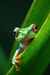 Naklejka premium Close-up of a frog's face peeking out from behind a leaf , animal, leaf, scenery