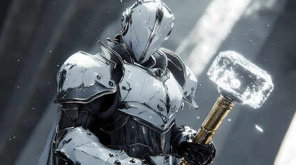 A heavily armored ethereal paladin with glowing silver accents on their armor, wielding a radiant hammer infused with lunar power, illustration, semi realistic drawing. Celestial Knights. Illustration