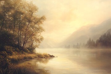 A peaceful lakeside during early morning, with a soft golden mist rising from the water