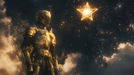 A knight clad in shining gold armor stands against a dark starry sky, bathed in celestial light, with swirling clouds and a radiant star above their head. Celestial Knights. Illustration