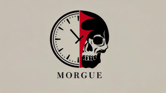 Illustration of clock integrated with skull represents time and mortality in a morgue theme