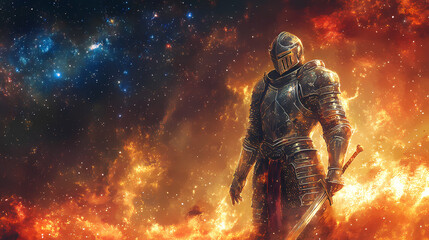 Fototapeta premium A knight in shining armor stands against a fiery cosmic backdrop, combining elements of medieval and fantastical themes. Celestial Knights. Illustration