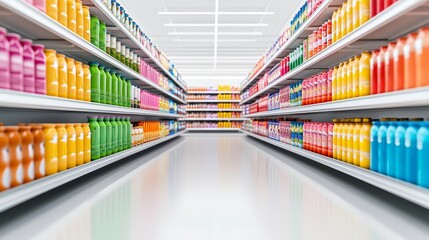 shopper in grocery aisle, shelves packed with colorful products, modern supermarket ambiance, isolated on white background