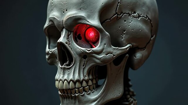 Close-up of human skull with glowing red eye socket on dark background, concept of mortality in morgue