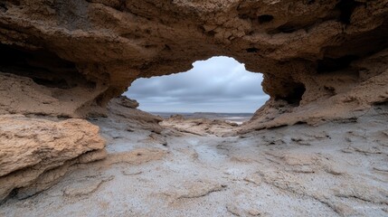 Rock archway reveals distant desert landscape