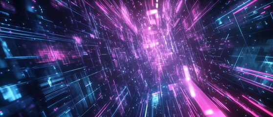 Obraz premium Futuristic digital cyberspace tunnel with glowing neon pink and blue lights, data streams, and geometric shapes Concept of technology, metaverse, virtual reality, and artificial intelligence