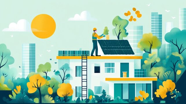 Worker installing solar panels on a house surrounded by lush greenery and city buildings.