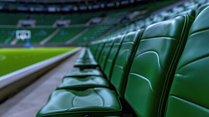 Obraz premium Close-up of green stadium seats, showcasing a modern design in a vibrant sports arena. Empty Stadium, Silent Stands