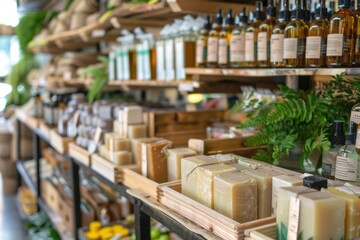 store with eco-friendly products, handmade soaps, and organic skincare on wooden shelves