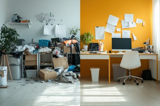 Contrast between a cluttered workspace and a tidy office showing the impact of organization on productivity. Generative AI