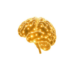 An ethereal spiritual image a human brain made of glowing circuits floats in dark space. Bright connections between neural nodes represent AI surrounded by a warm golden glow