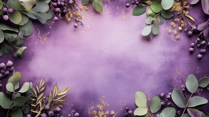 This exquisite wedding invitation card features a deep purple watercolor background adorned with shimmering gold glitter and intricate eucalyptus leaves, perfect for a sophisticated celebration.