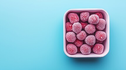 A minimalist macro view of opened white box containing perfectly frozen strawberries, detailed frost particles, clean aesthetic