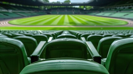 Empty green stadium seats with a vibrant grass field in the background, capturing a serene pre-event moment. Empty Stadium, Silent Stands