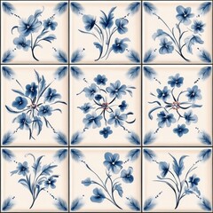 Elegant Blue Floral Tile Design: A Collection of Nine Exquisite Tiles Featuring Delicate Blue Flowers on a Cream Background, Perfect for Home Decor or Bathroom Design.