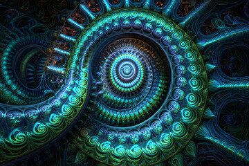 Description: An intricate fractal pattern in vibrant shades of blue and green swirling outward from a central point.