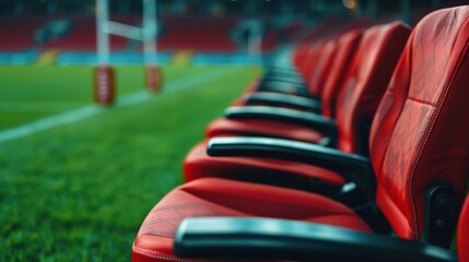 Empty red stadium seats in a professional sports arena, creating a vibrant atmosphere ready for the game. Empty Stadium, Silent Stands