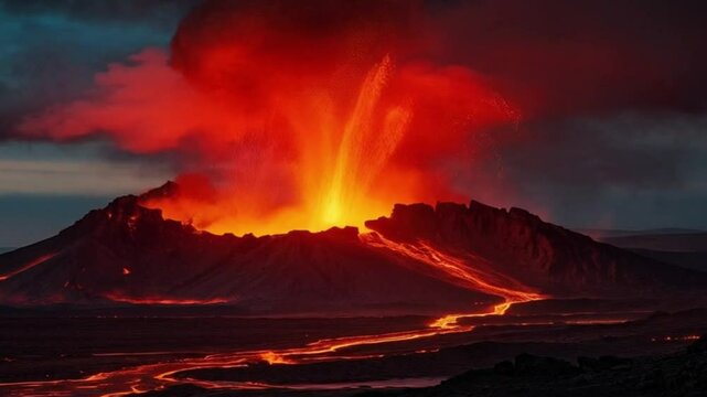 animated footage illustration of a mountain exploding lava fire cloud of smoke