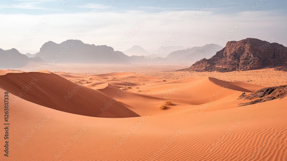 Poster expansive desert landscape showcasing rolling dunes and distant mountains under a clear sky in a ser