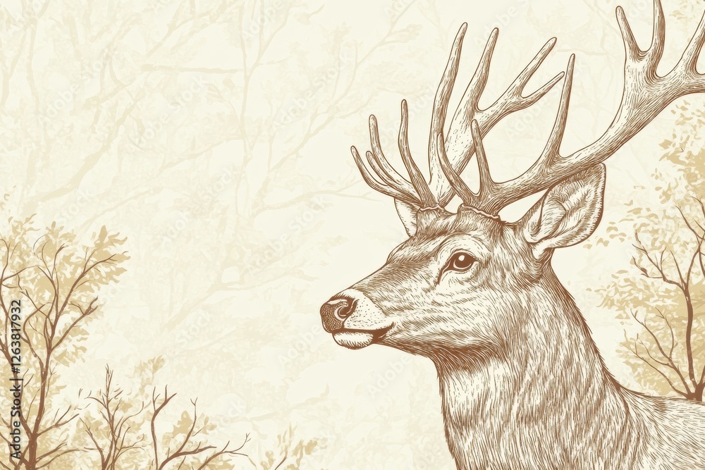 Aufkleber engraved deer portrait featuring intricate line work and sepia tones with space for personalization.