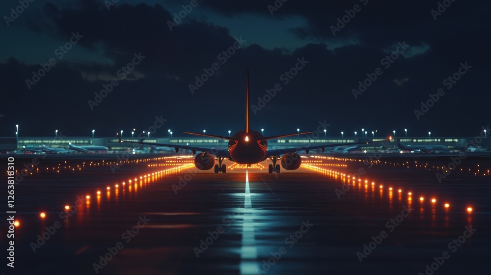 Leinwandbilder airplane preparing for takeoff at night with illuminated runway lines and clouds in the sky. generat