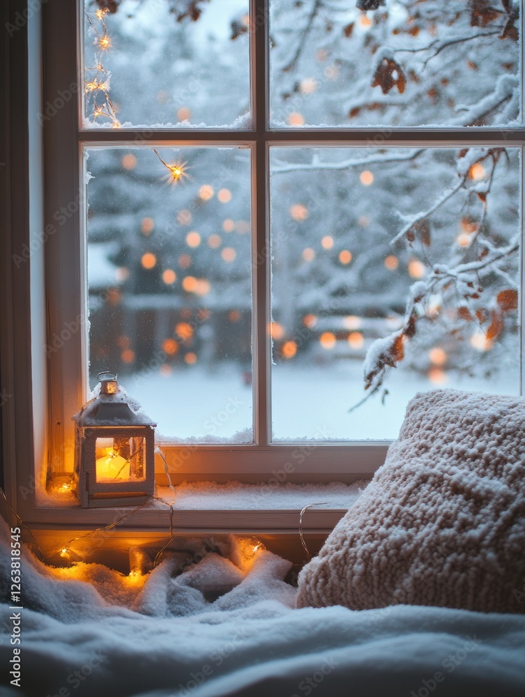 Aufkleber warm glow from lantern beside the window on a snowy winter evening with twinkling lights outside. ge