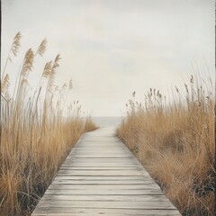 Fototapeta premium Serene Wooden Pathway Leading to the Ocean Through Golden Reeds