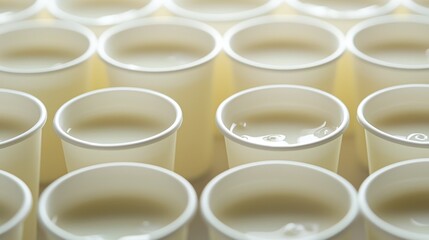 Abstract composition of multiple plastic cups filled with milky latex, neatly arranged in rows, minimalist background