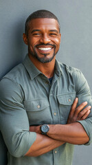 Obraz premium Smiling African Man Portrait: Arms Crossed Against Gray Wall