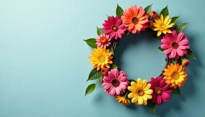 Fototapeta premium Colorful bouquet of flowers wrapped around a wire frame wreath , spring, cheerful, wreath