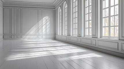 Fototapeta premium Sunlit Elegant Room, Interior Design, White Walls, Large Windows, Autumn View