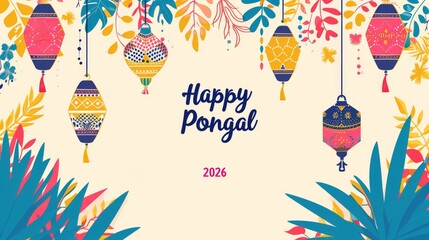 A vibrant Pongal design with colorful lanterns, festive foliage, and decorative accents on a light background, creating a cheerful and celebratory theme. AI generated.