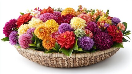Obraz premium Colorful dahlia bouquet in wicker basket, isolated, floral arrangement, vibrant colors, studio shot, for use in advertisement, greeting cards