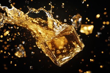 Whiskey Splash in Slow Motion with Ice Cube on Black Background